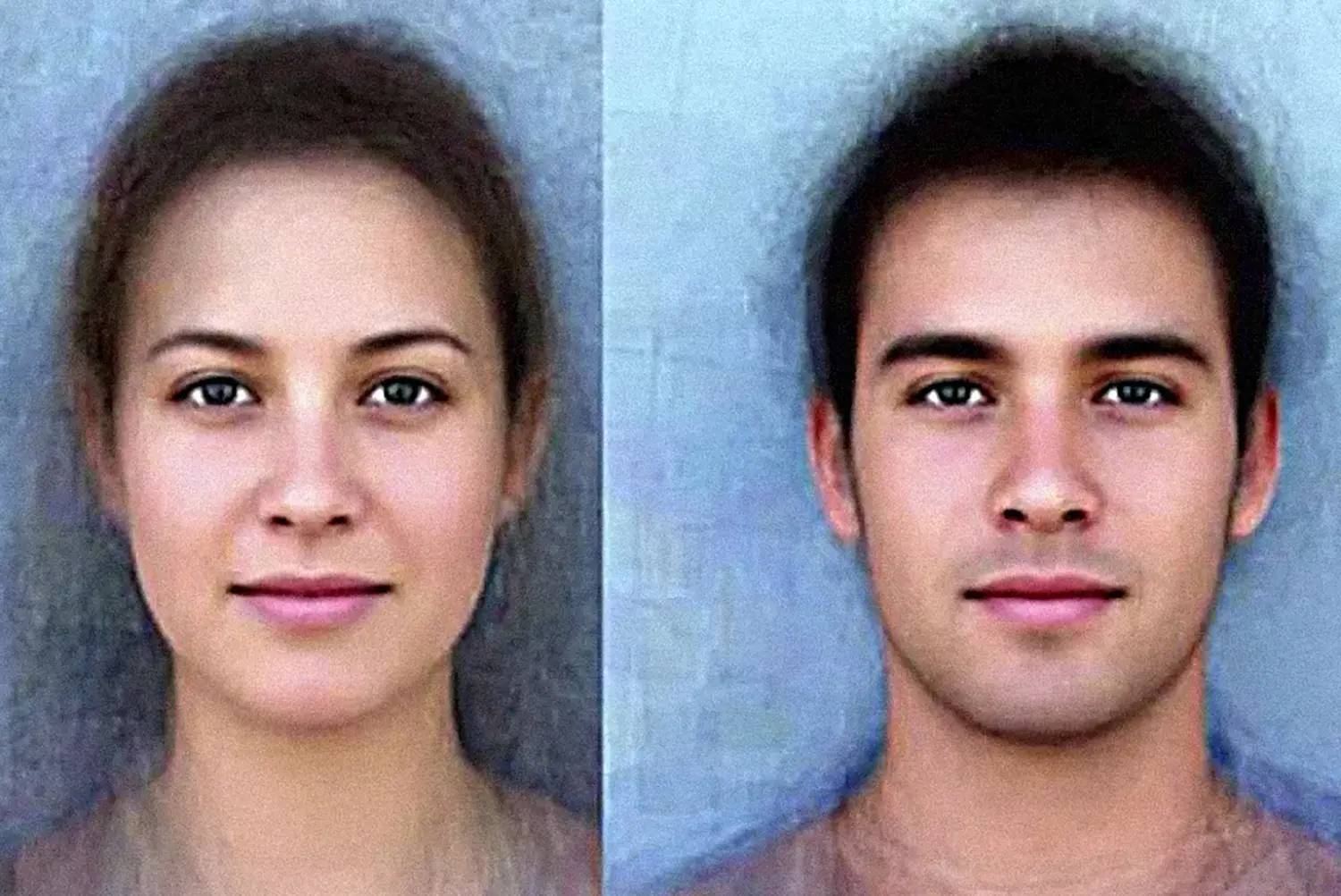 Two faces. A female face and male face. Around each there is a blurry blue backdrop. The images have a soft, idealized quality to them.